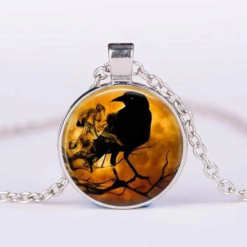 Wholesale Vintage Crow Crystal Pendant Halloween Gift Personalized Time Gem Necklace