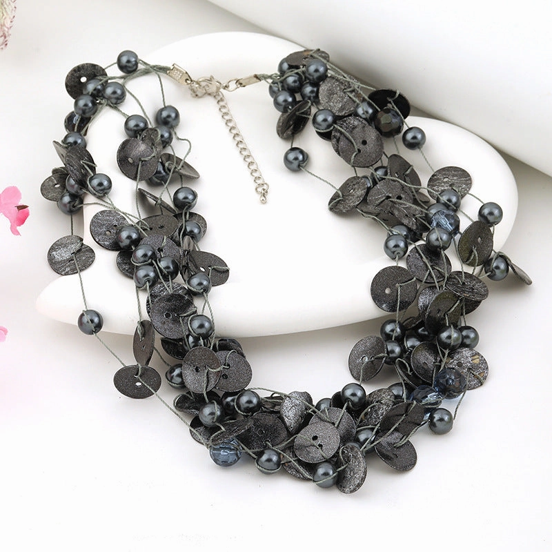 Wholesale Vintage Crystal Grey Pearl Coconut Shell Necklace Clavicle Neck