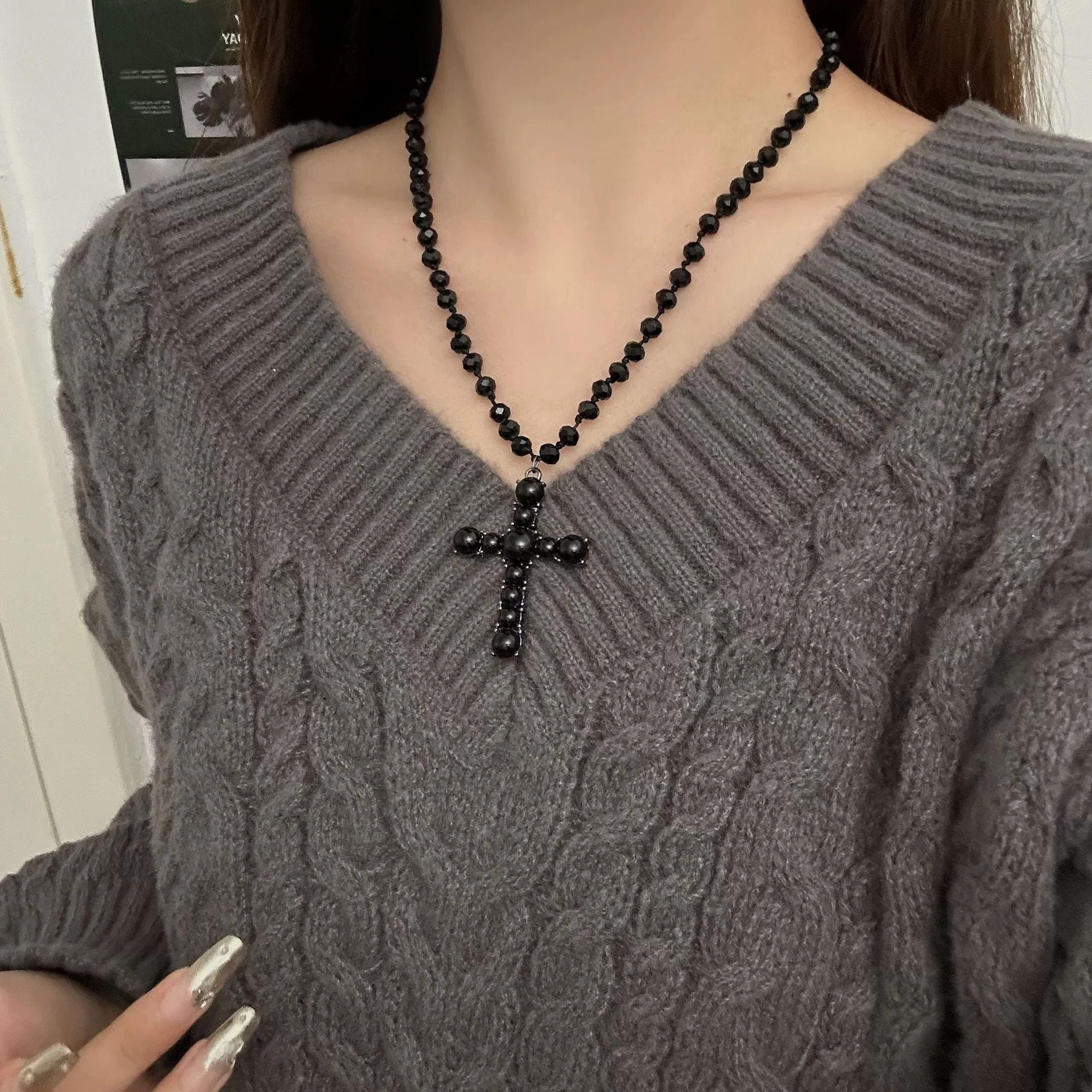 Wholesale Vintage Dark Cross Bead Necklace