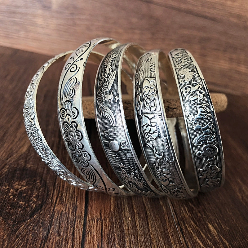 Wholesale Vintage elephant carved open women's dragon and phoenix bracelet ethnic style Tibetan silver bracelet Miao silver bracelet