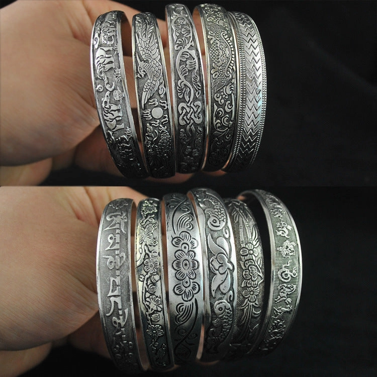 Wholesale Vintage elephant carved open women's dragon and phoenix bracelet ethnic style Tibetan silver bracelet Miao silver bracelet