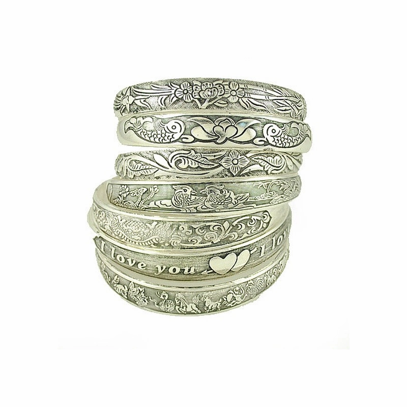 Wholesale Vintage elephant carved open women's dragon and phoenix bracelet ethnic style Tibetan silver bracelet Miao silver bracelet