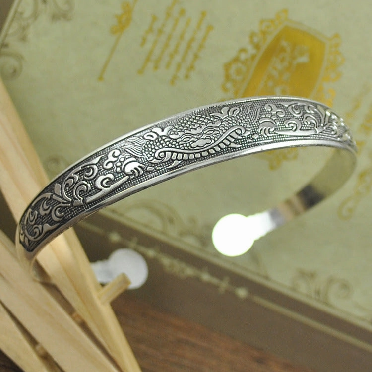 Wholesale Vintage elephant carved open women's dragon and phoenix bracelet ethnic style Tibetan silver bracelet Miao silver bracelet