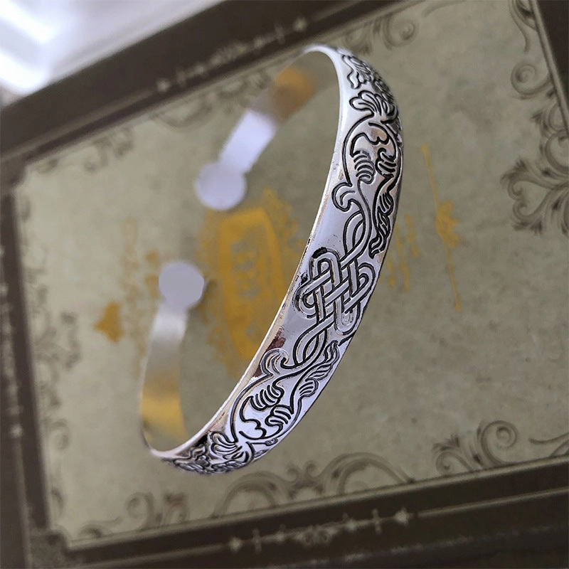 Wholesale Vintage elephant carved open women's dragon and phoenix bracelet ethnic style Tibetan silver bracelet Miao silver bracelet