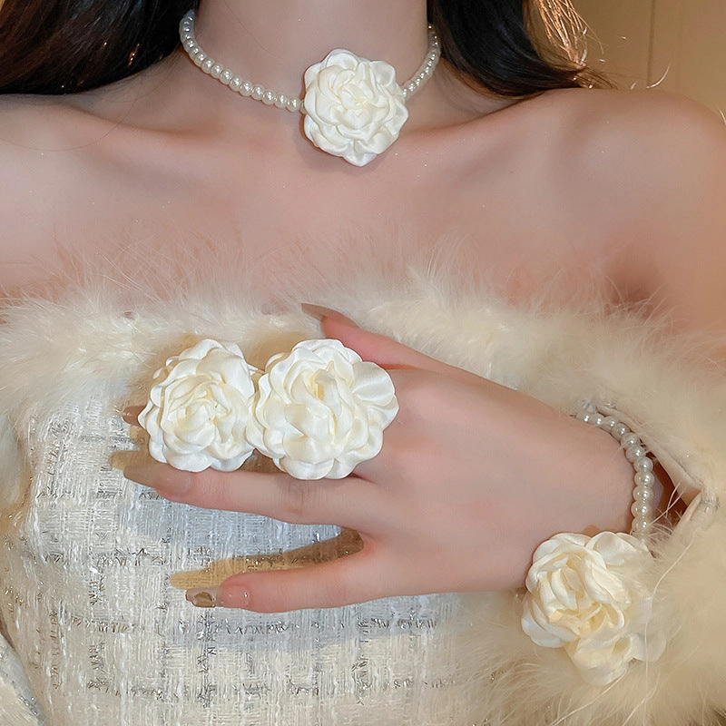 Wholesale Vintage Fabric Flower Sweet Necklace Bracelet Earring Set