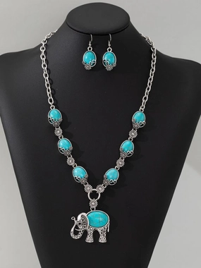 Wholesale Vintage Fashion Animal Elephant Turquoise Pendant Necklace Earrings
