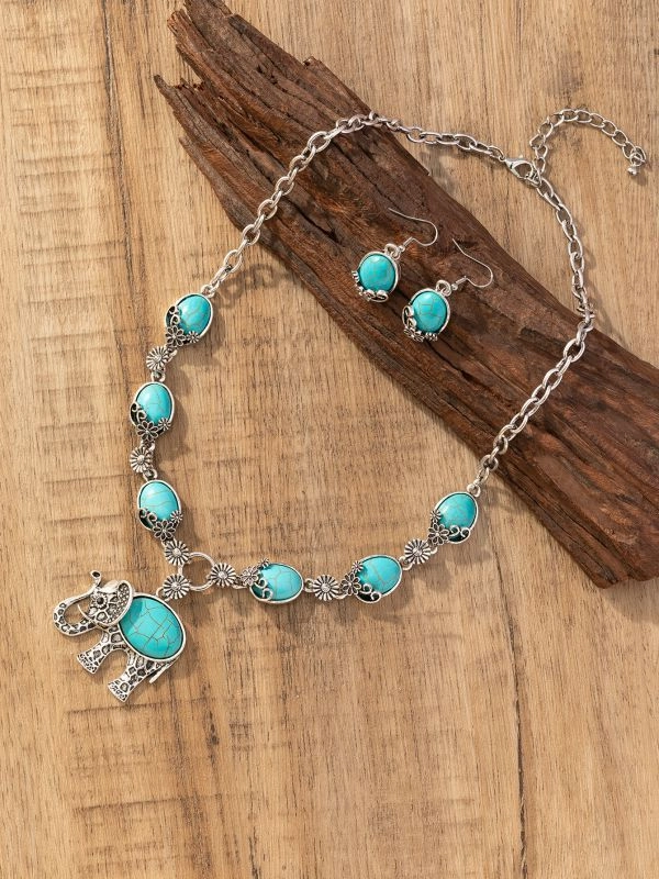 Wholesale Vintage Fashion Animal Elephant Turquoise Pendant Necklace Earrings