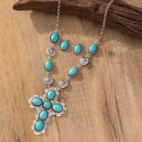 Wholesale Vintage Fashion Cross Turquoise Necklace Earrings