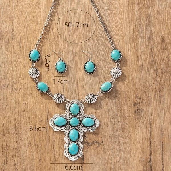 Wholesale Vintage Fashion Cross Turquoise Necklace Earrings
