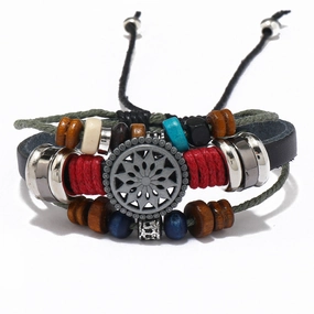 Wholesale Vintage Fashion Sunflower Handmade Beaded Leather Bracelet