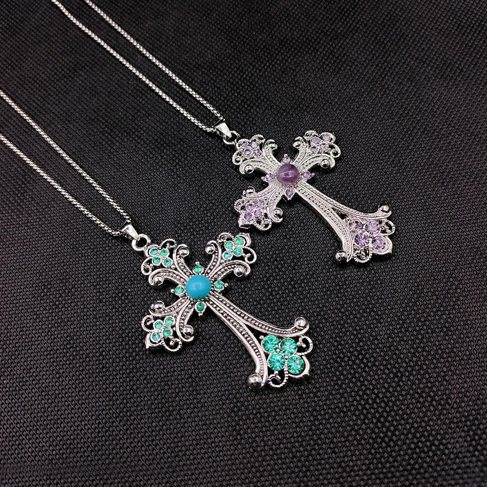 Wholesale Vintage Flash Diamond Turquoise Cross Large Necklace