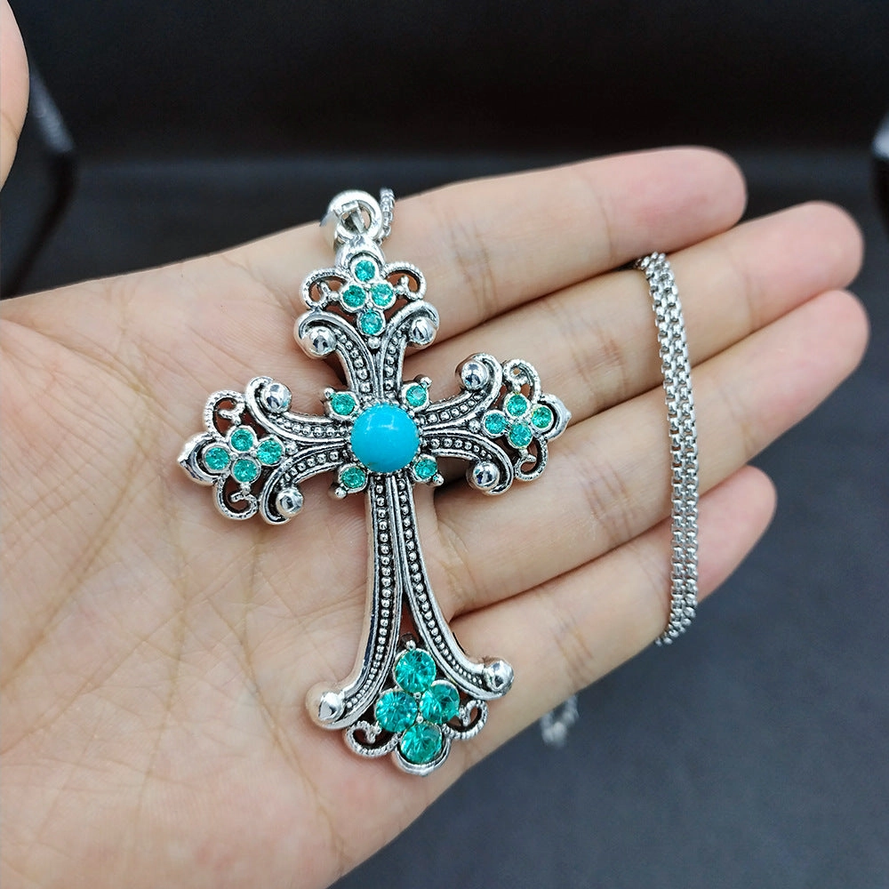 Wholesale Vintage Flash Diamond Turquoise Cross Large Necklace
