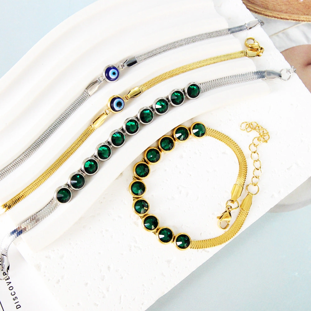Wholesale Vintage Flat Snake Chain Round Green Diamond Devil's Eye Pulling Bracelet