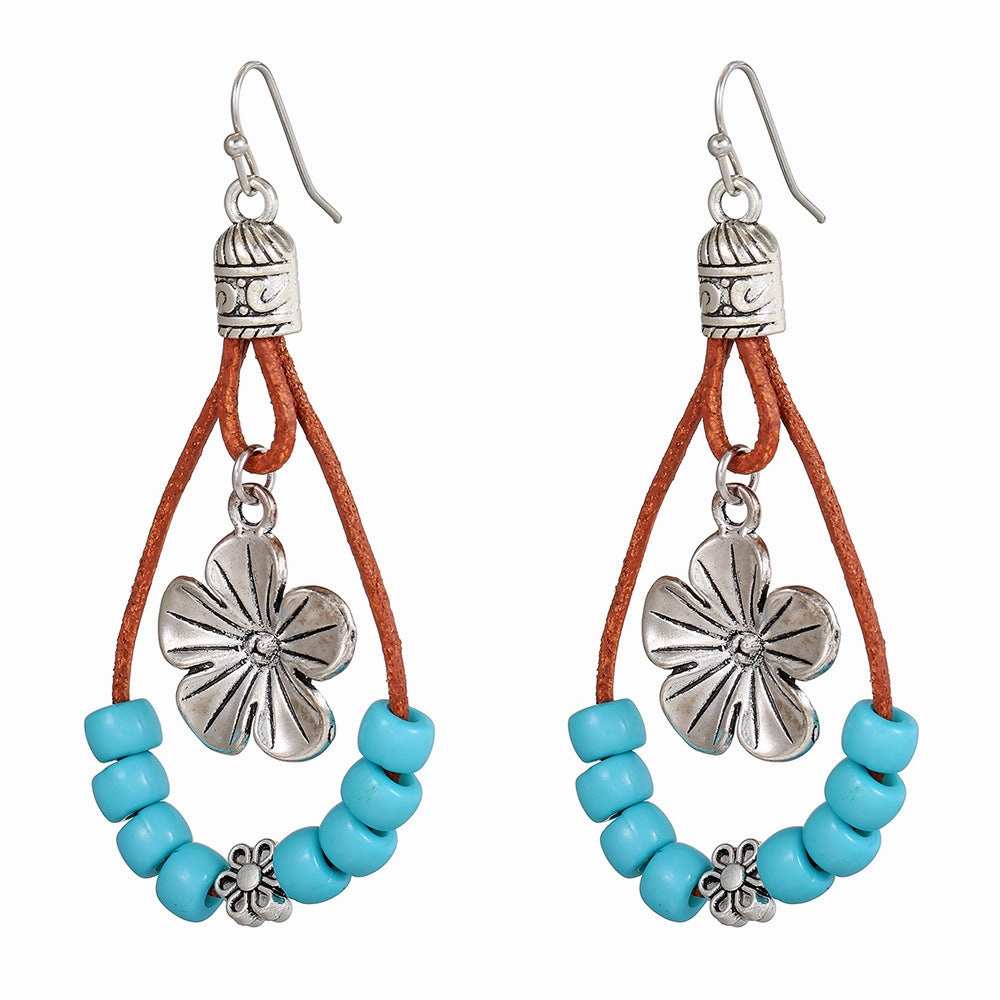 Wholesale Vintage Flower Earrings Bohemian Double Turquoise Beaded Earrings
