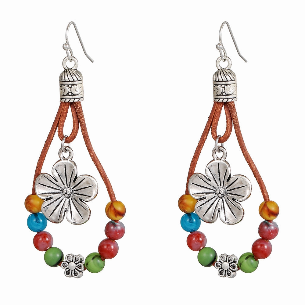 Wholesale Vintage Flower Earrings Bohemian Double Turquoise Beaded Earrings