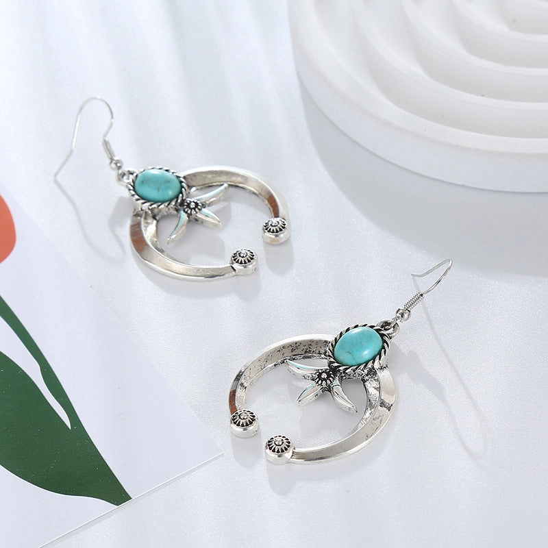 Wholesale Vintage Geometric Carved Antique Silver Turquoise Earrings