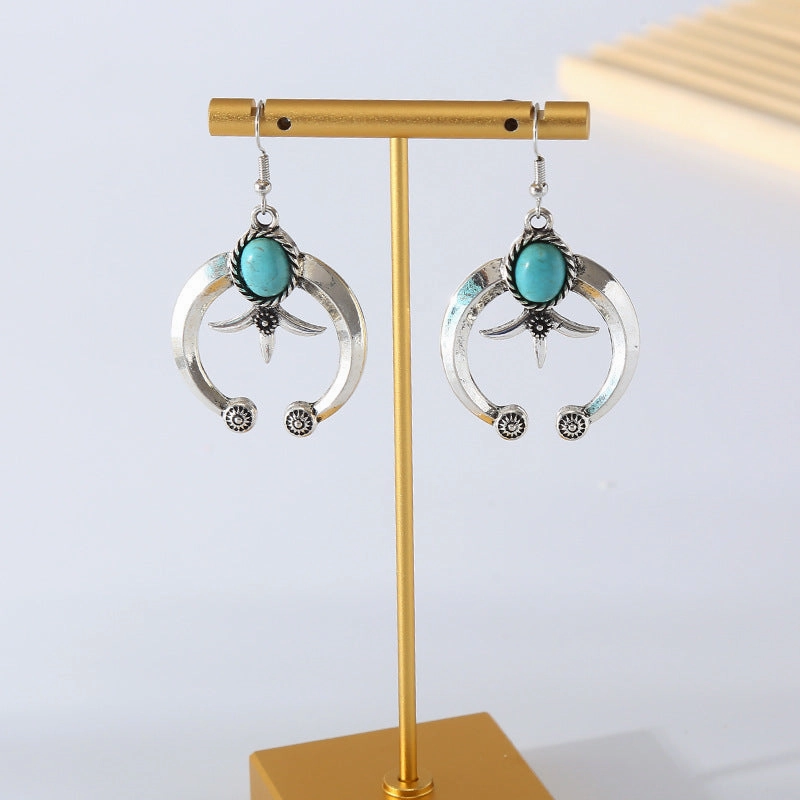 Wholesale Vintage Geometric Carved Antique Silver Turquoise Earrings