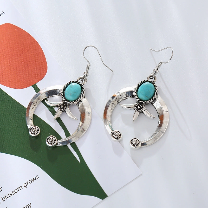 Wholesale Vintage Geometric Carved Antique Silver Turquoise Earrings