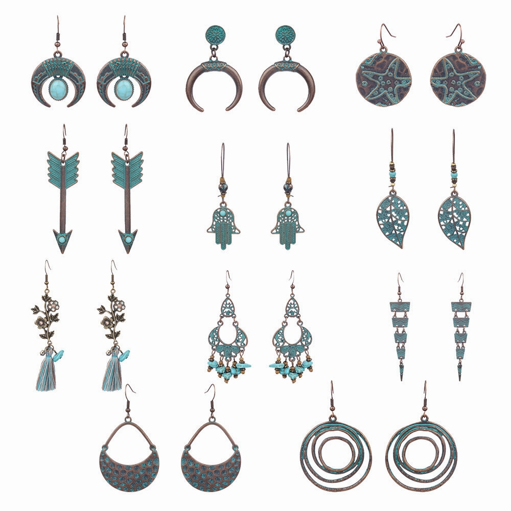 Wholesale Vintage Geometric Turquoise Tassel Earrings