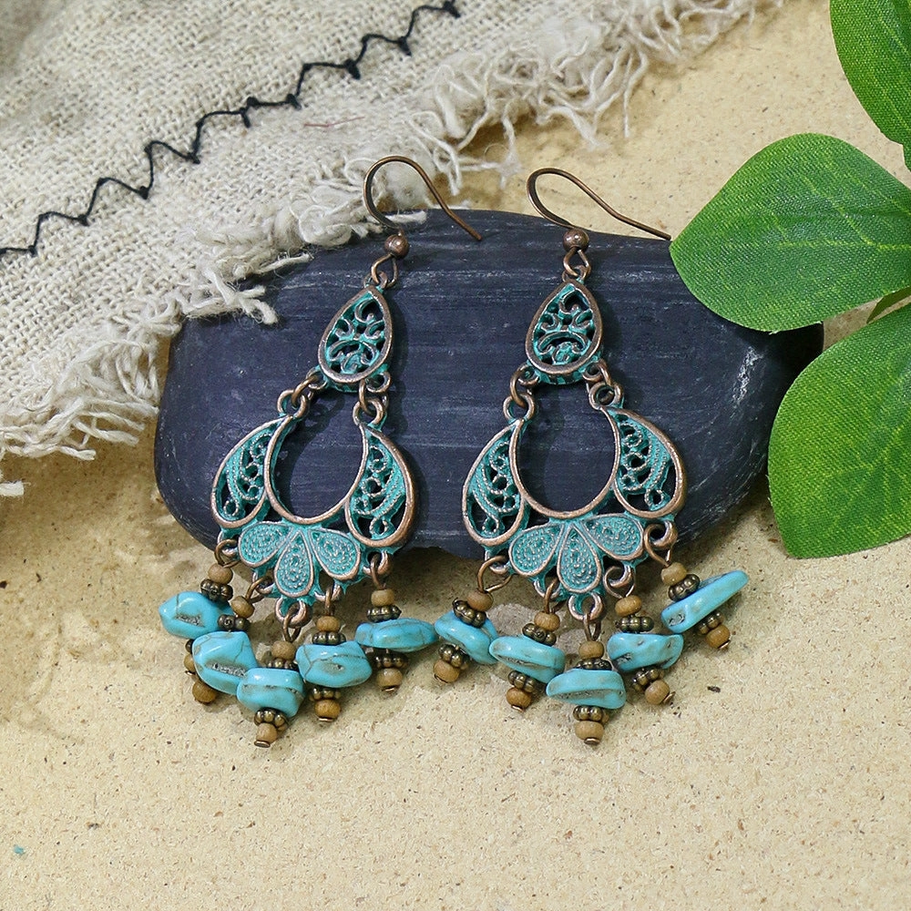 Wholesale Vintage Geometric Turquoise Tassel Earrings