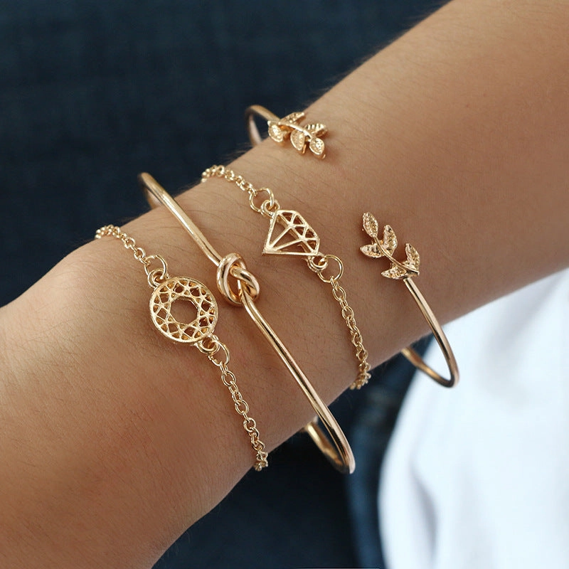 Wholesale Vintage Leaf Knotted Hollow Geometric Bracelet Set