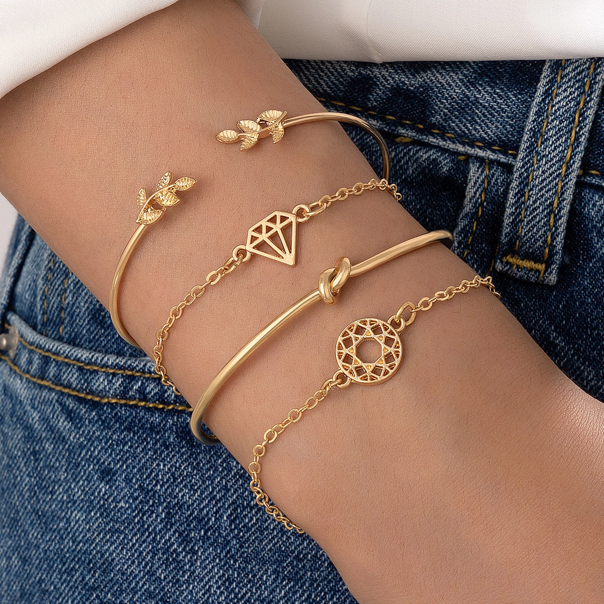 Wholesale Vintage Leaf Knotted Hollow Geometric Bracelet Set