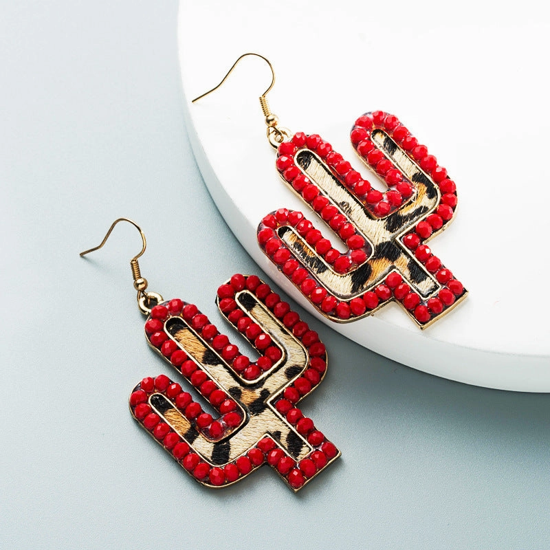 Wholesale Vintage leather exaggerated crystal leopard print earrings