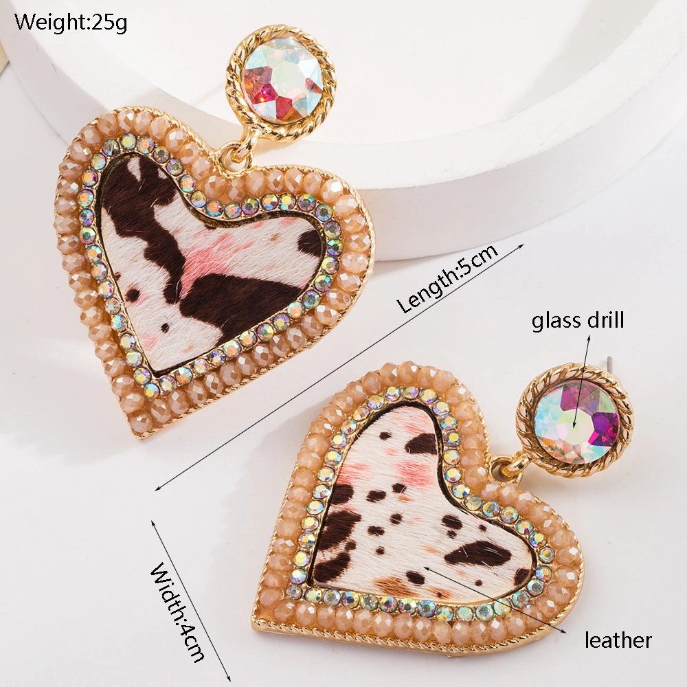 Wholesale Vintage Leopard Leather Diamond Heart Earrings