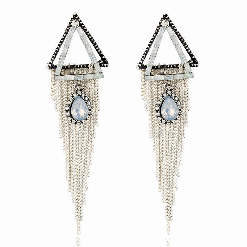 Wholesale Vintage long drop earrings with diamond-studded triangular water droplet tassels