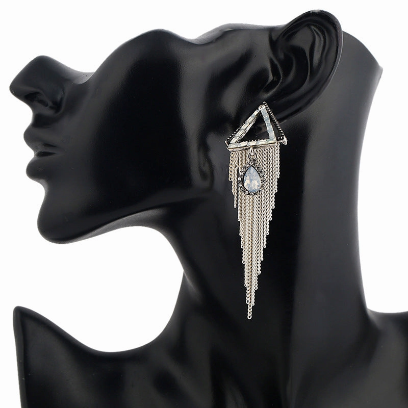 Wholesale Vintage long drop earrings with diamond-studded triangular water droplet tassels