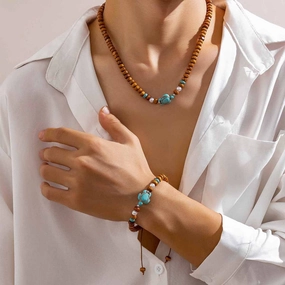 Wholesale Vintage Men's Wooden Beads Turtle Pearl Bracelet Necklace