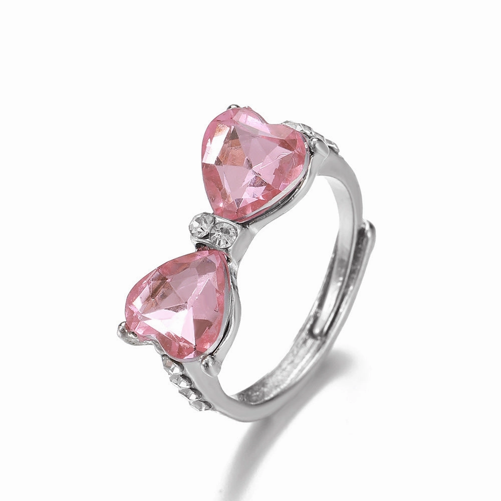 Wholesale Vintage Metal Bow Ring Micro-Inlaid Pink Zirconia Open Ring