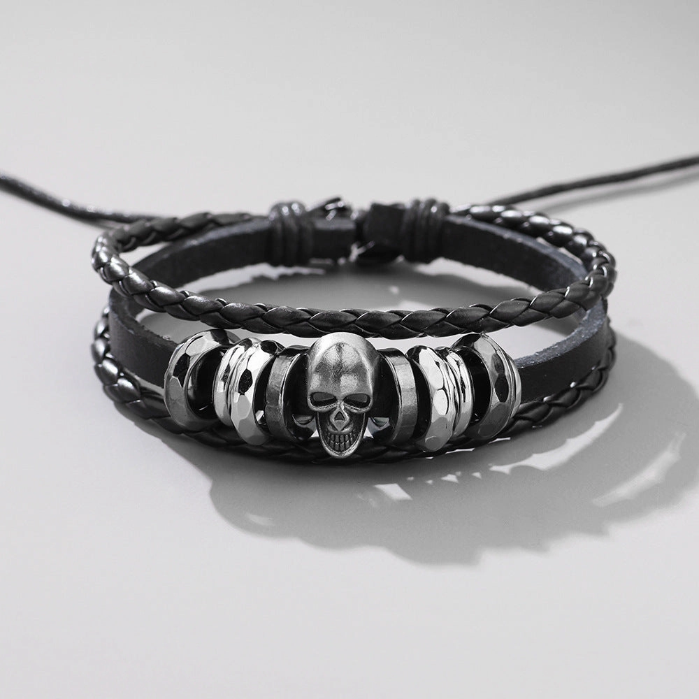 Wholesale Vintage Metal Punk Skull Men's Cowhide Braided Bracelet