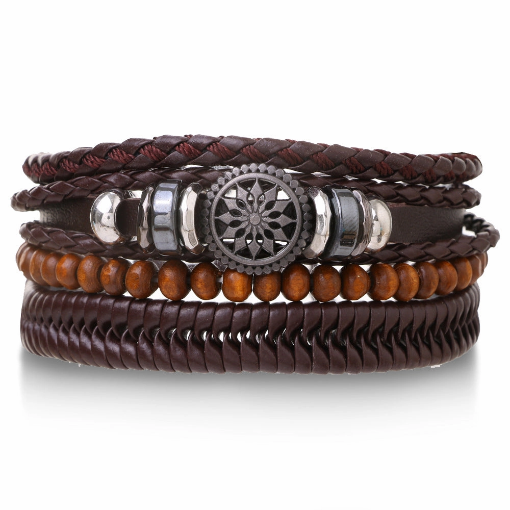 Wholesale Vintage Multi-layered Adjustable Leather Beaded Bracelet for Men