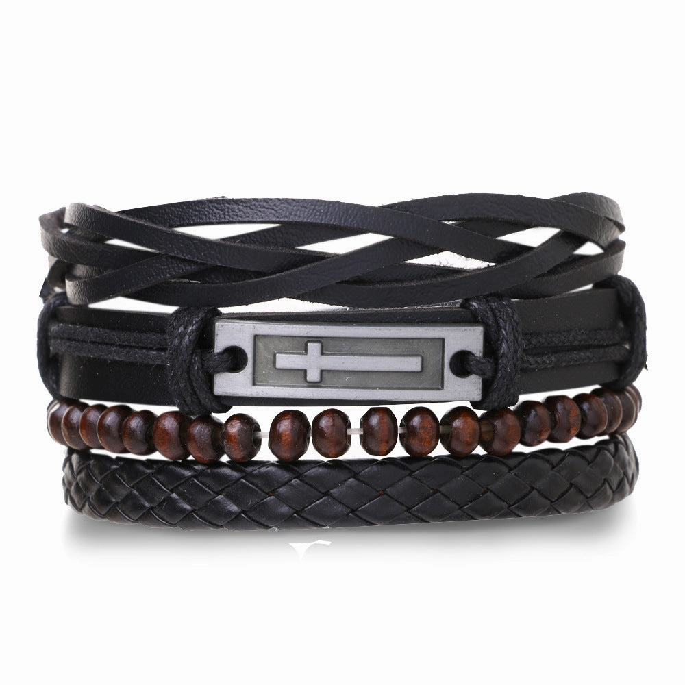 Wholesale Vintage Multi-layered Adjustable Leather Beaded Bracelet for Men