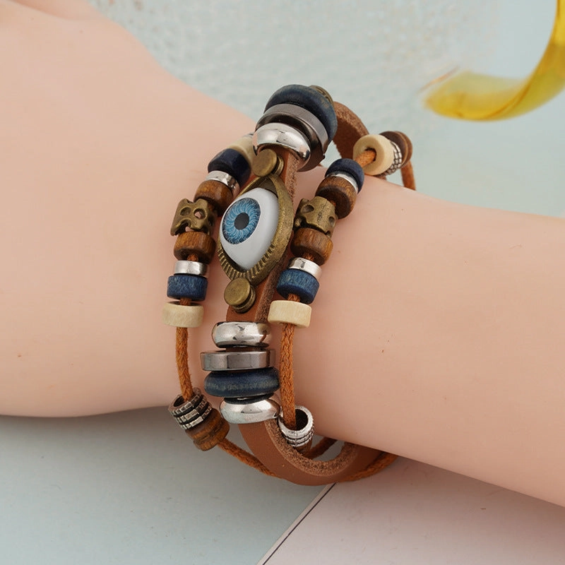Wholesale Vintage Multi-layered Cowhide Eye Braided Bracelet