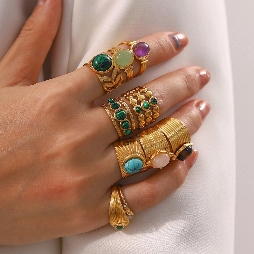 Wholesale Vintage Natural Stone All-match Gemstone Titanium Steel Open Ring
