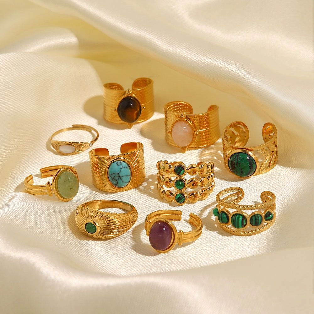 Wholesale Vintage Natural Stone All-match Gemstone Titanium Steel Open Ring