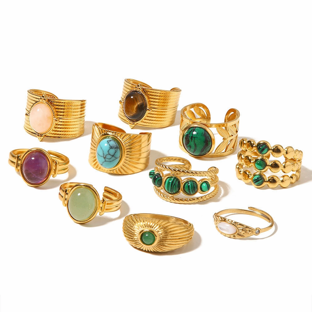 Wholesale Vintage Natural Stone All-match Gemstone Titanium Steel Open Ring