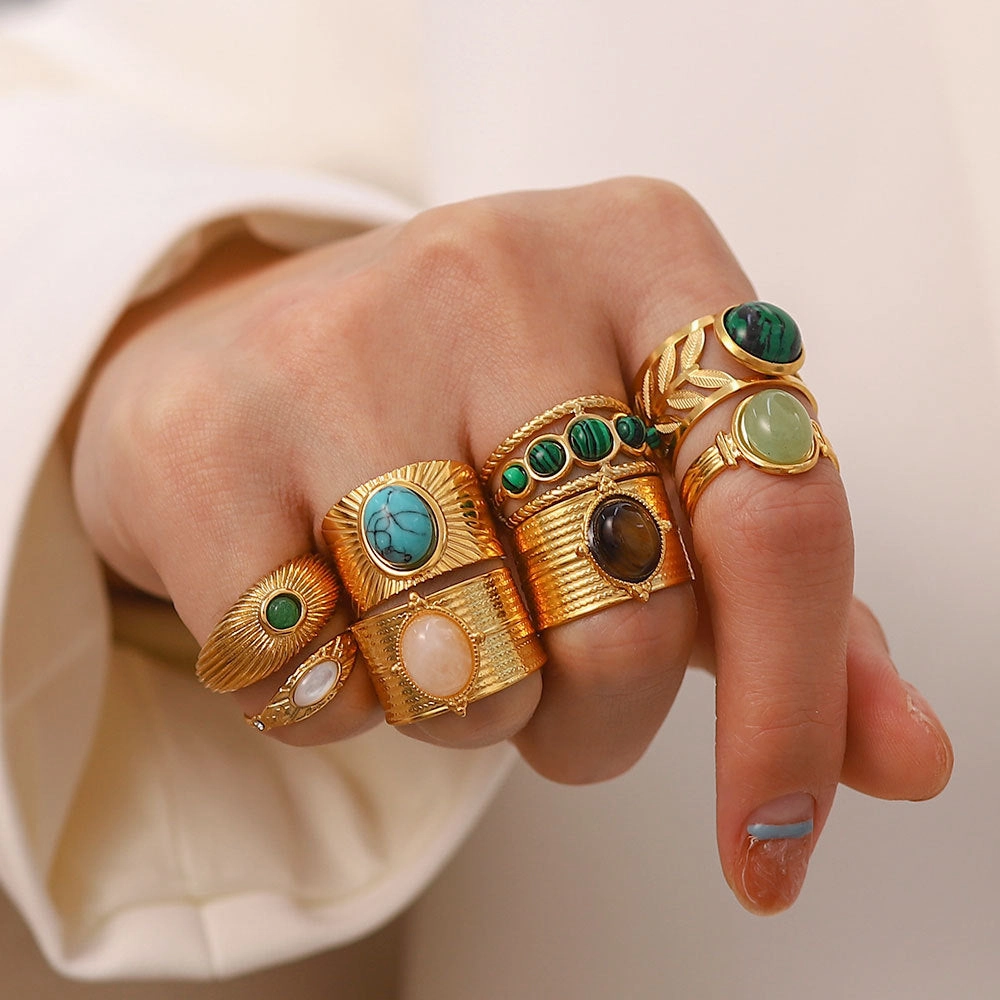 Wholesale Vintage Natural Stone All-match Gemstone Titanium Steel Open Ring