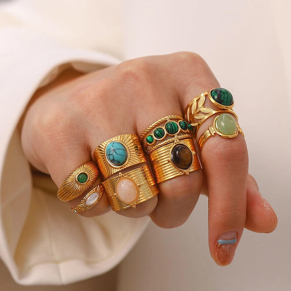 Wholesale Vintage Natural Stone All-match Gemstone Titanium Steel Open Ring