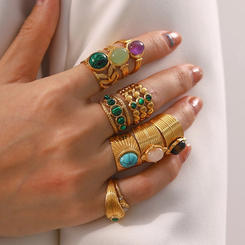 Wholesale Vintage Natural Stone All-match Gemstone Titanium Steel Open Ring