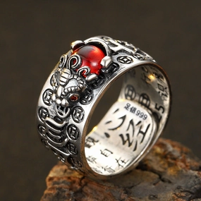 Wholesale Vintage Pixiu Heart Sutra Six-Character Mantra Pixiu Open Ring