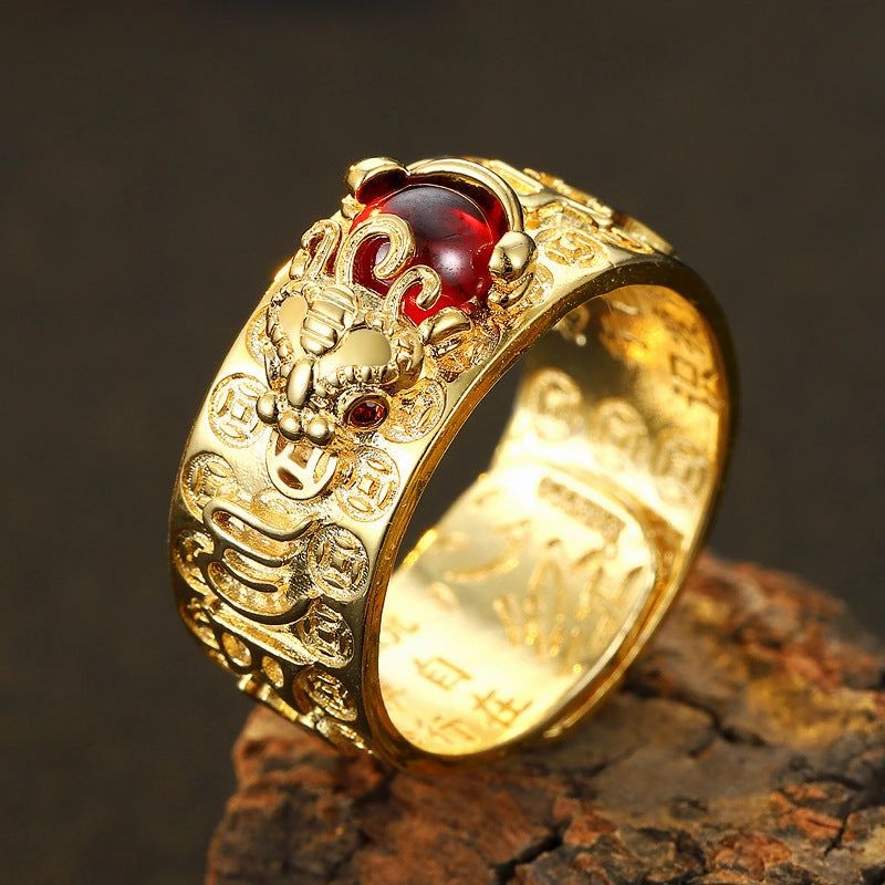 Wholesale Vintage Pixiu Heart Sutra Six-Character Mantra Pixiu Open Ring