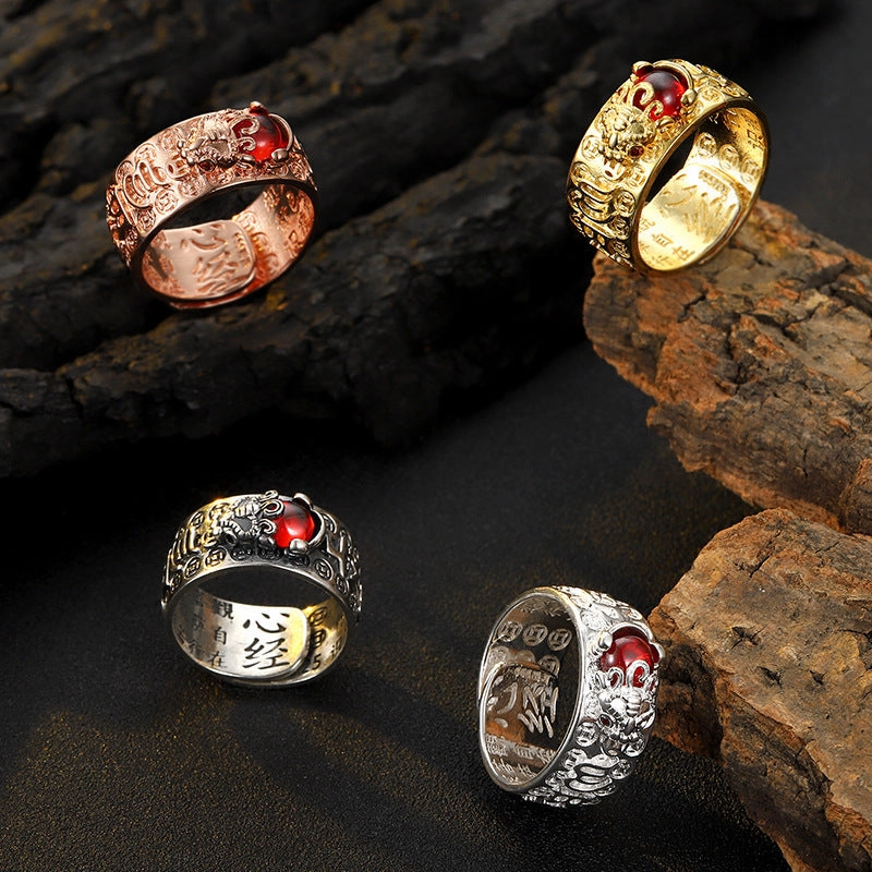 Wholesale Vintage Pixiu Heart Sutra Six-Character Mantra Pixiu Open Ring