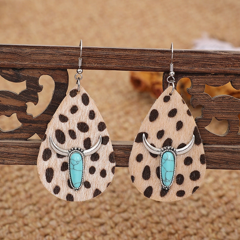 Wholesale Vintage Plush Leopard Print Turquoise Bull Scalp Earrings