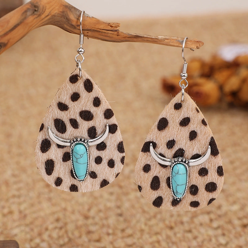 Wholesale Vintage Plush Leopard Print Turquoise Bull Scalp Earrings