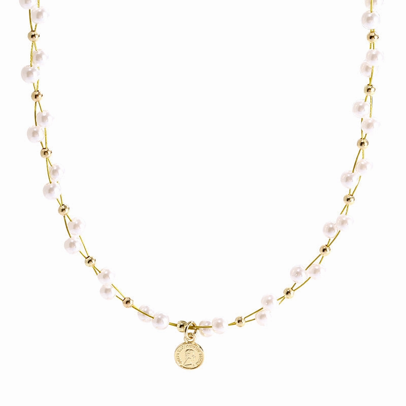 Wholesale Vintage portrait necklace wrapped with pearl clavicle chain