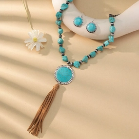 Wholesale Vintage Round Turquoise Pendant Necklace Earrings Set