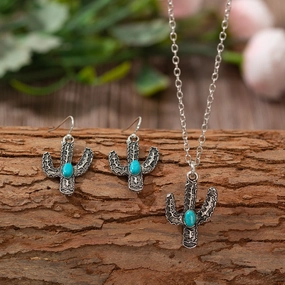 Wholesale Vintage Silver Cactus Earring Necklace 2-Piece Set